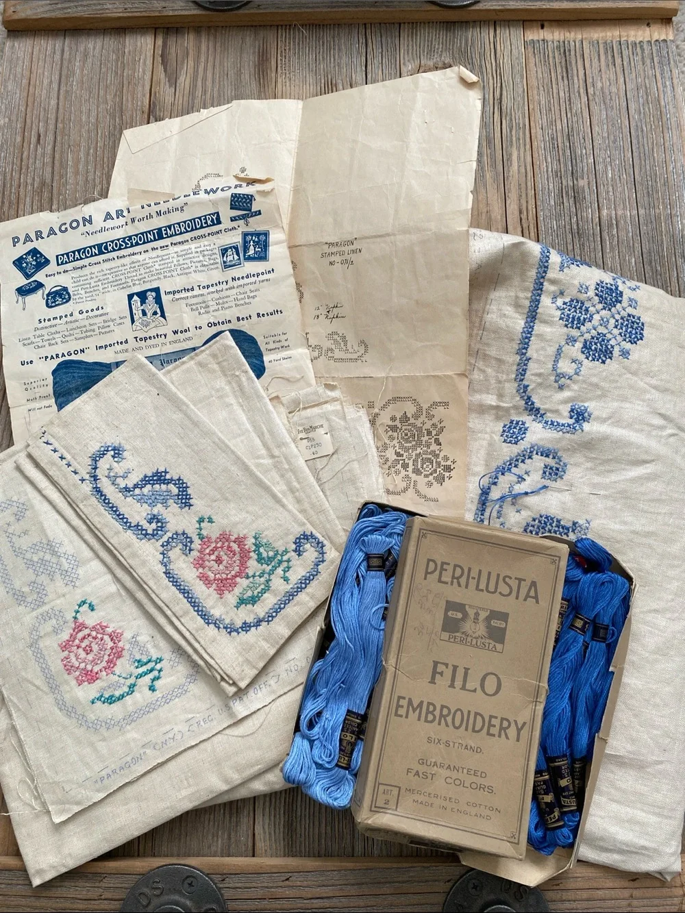 Vintage Paragon Cross-Point Embroidery Kit. Tablecloth w/8 Napkins. Unfinished.
